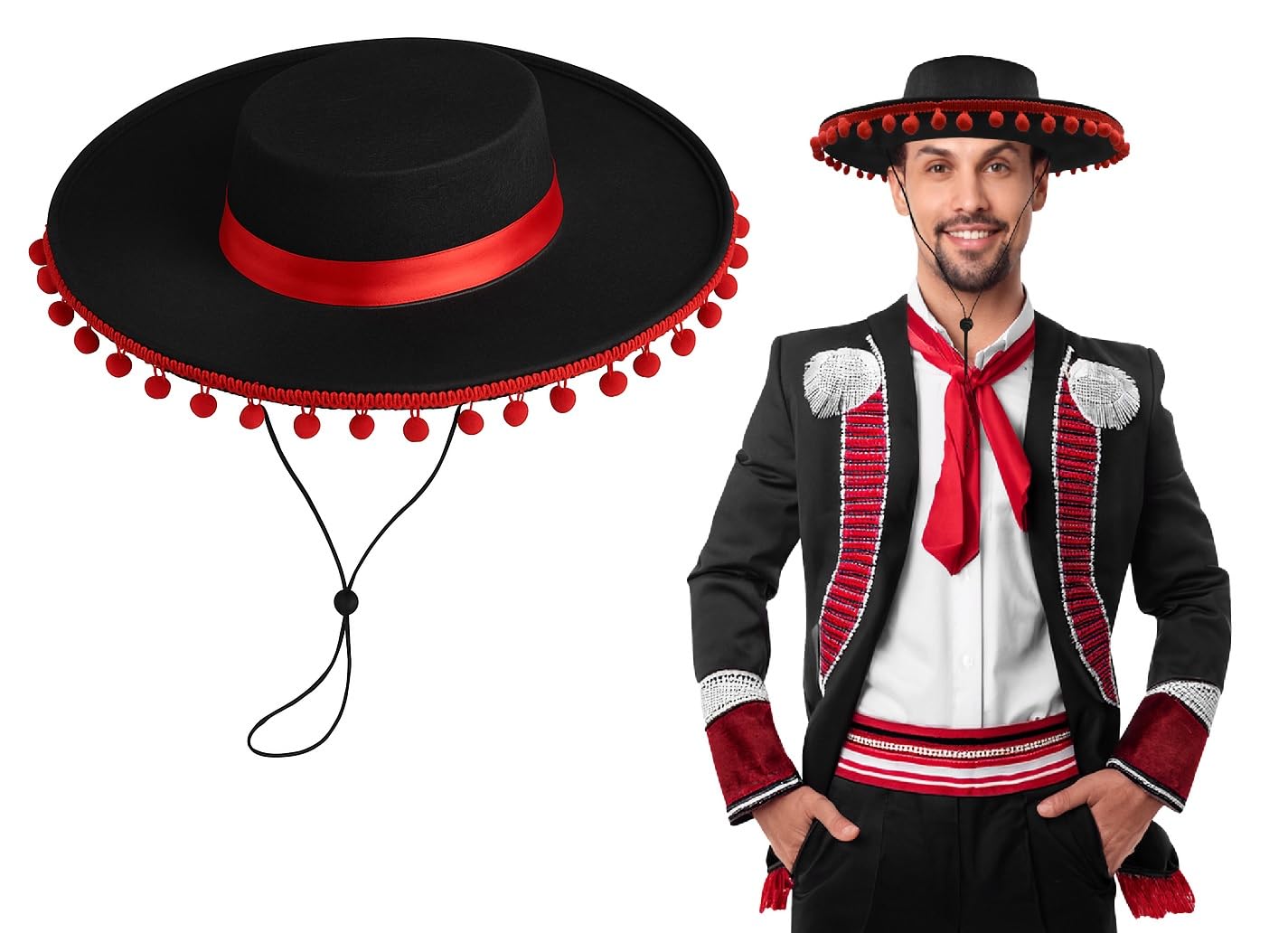 Nicky Bigs Novelties Adult Bullfighter Matador Hat - Mariachi Band Hats - Spanish Hat- Black and Red Mexican Flamenco Cap - Day of The Dead Hat, Black/Red, One size