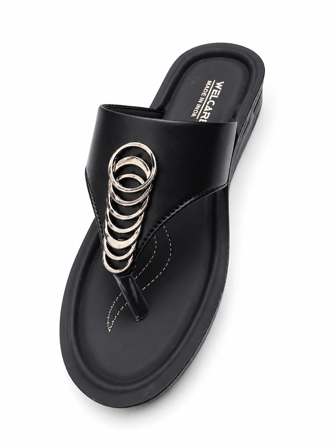Women's Black Thong Sandal with Metallic Ring Detail, Wedge Style, Cushioned Footbed, Casual Wear (Black, UK Footwear Size System, Adult, Women, Numeric, Medium, 5)-picture-48