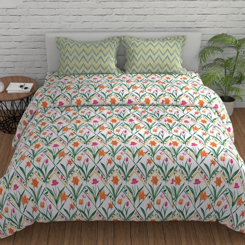 Image of HUESLAND by Ahmedabad Cotton 144 TC Cotton Elastic Fitted Bedsheet King Size with 2 Pillow Covers | 72 x 78 inches