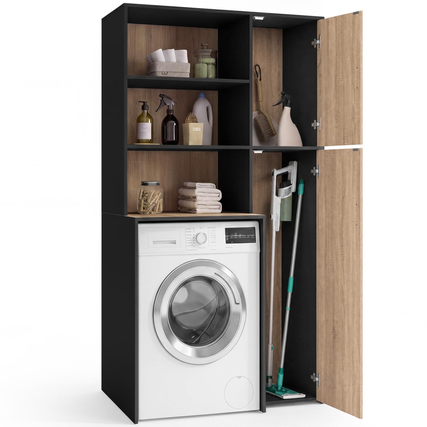 IDMarket - Wallis-Waschküchenmöbel für Waschmaschine oder Wäschetrockner mit Regalen und Stauraumschrank in Schwarz und Holzoptik