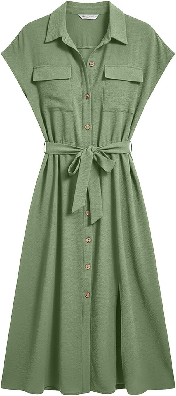 Casual Midi Dress for Women V Neck Button Down Collared Short Sleeve Summer Dresses Belted Summer Dress with Pockets