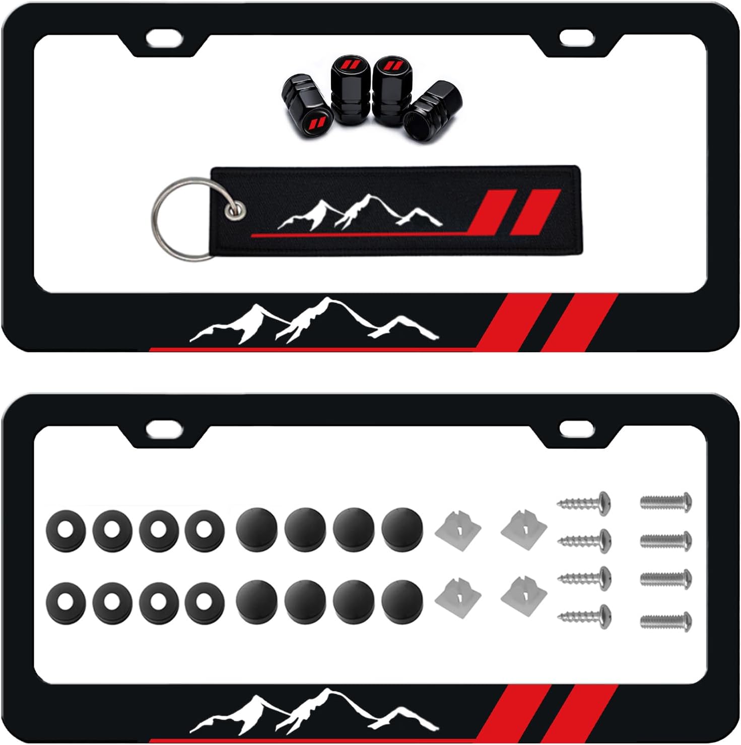 2 Pack Mountain Pattern License Plate Frame Holder Cover, Car Tire Valve Stem Caps Cover Compatible with Dodge Car Accessories. (Red Mountain)