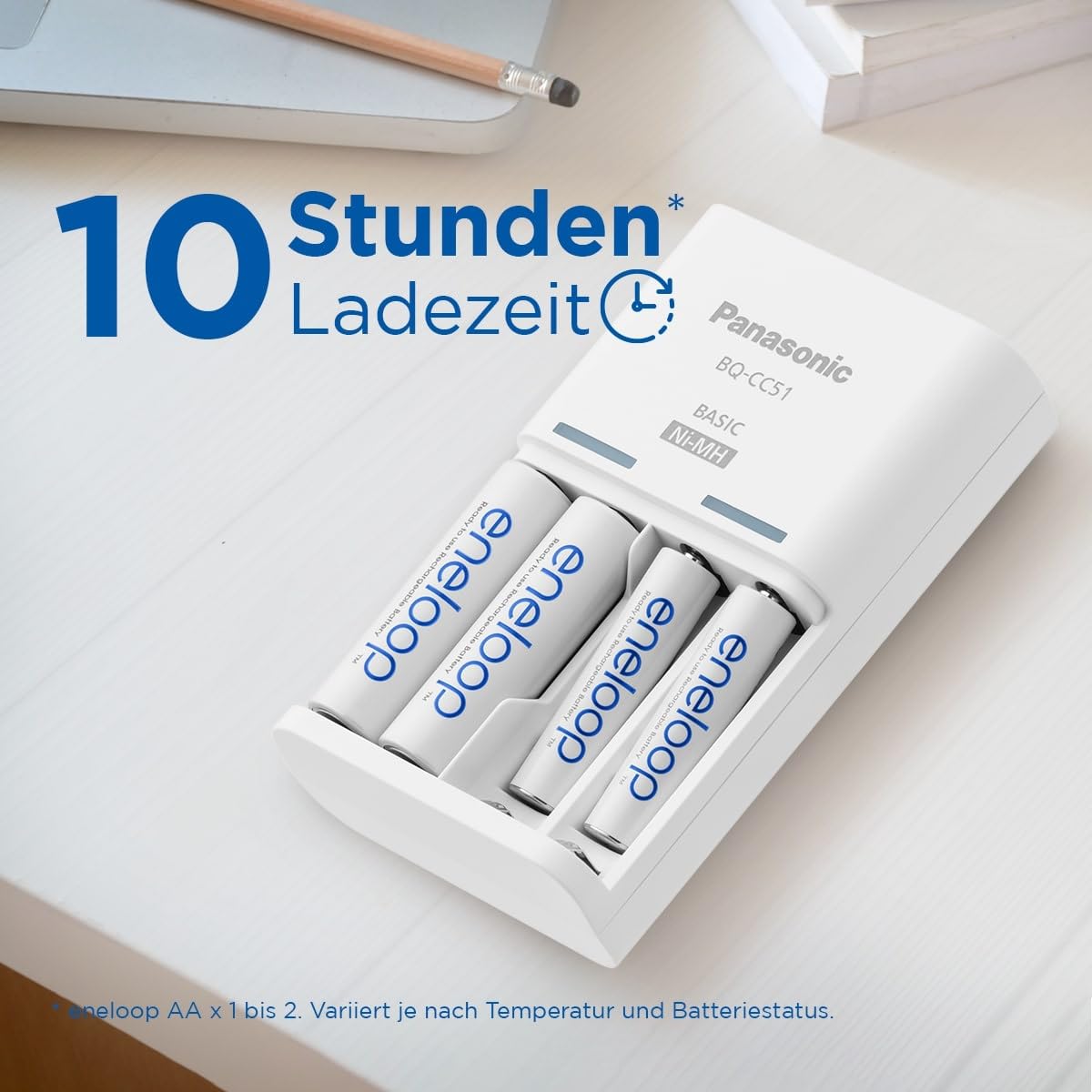 eneloop Basis-Ladegerät für 2 oder 4 AA/AAA NI-MH-Akkus. Mit neuen Sicherheitsfunktionen, 4 eneloop AAA/Micro-Akkus verbesserter Kapazität mit 6 Sicherheitsfunktionen