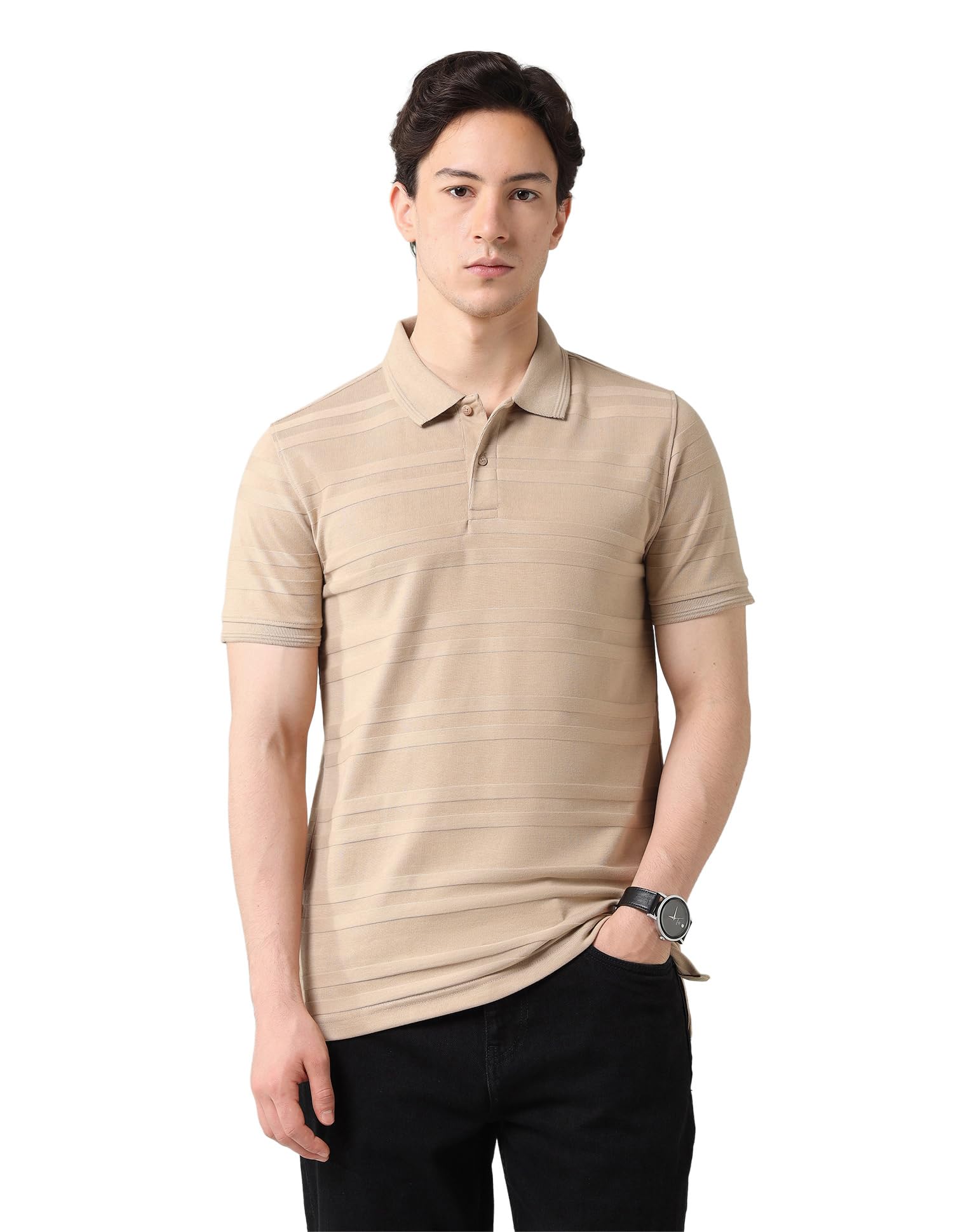 arvind Horizontal Striped Regular Fit Polo Shirt Beige-picture-19