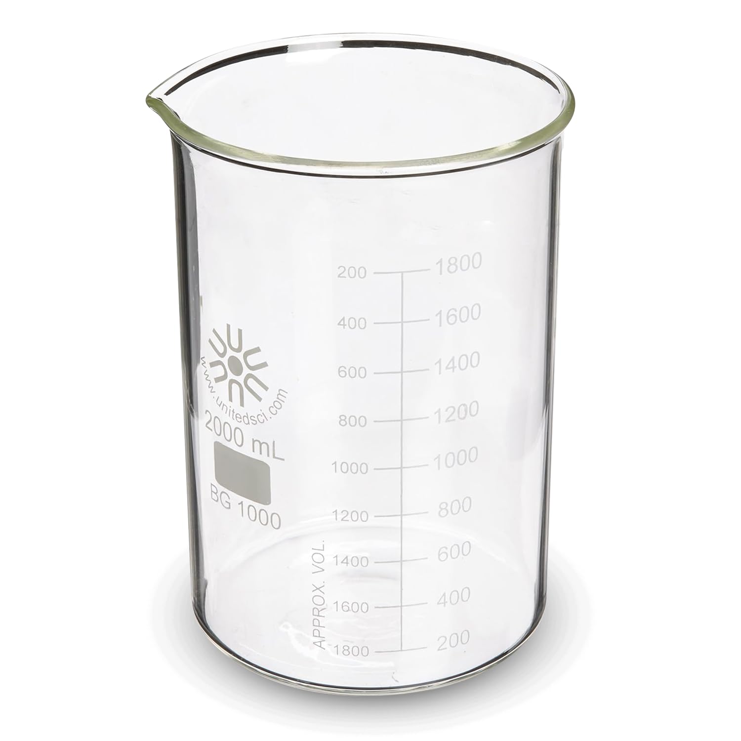 United Scientific™ BG1000-2000 Borosilicate Laboratory Grade Glass Beakers | Griffin Style Low Form Beaker | Graduated with Spout | Designed for Laboratories & Chemistry Classrooms | 2,000mL | 1 Each