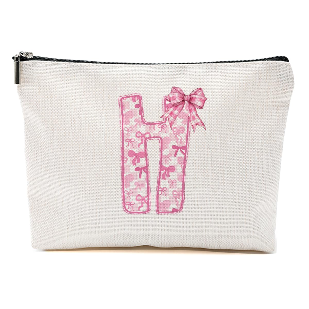 MQBMQB Pink Bow H, Alphabet Makeup Bag for Women, Washable Travel Organizer Toiletry Cosmetic Bag, Coquette Bow Letter Pattern Large Capacity Makeup