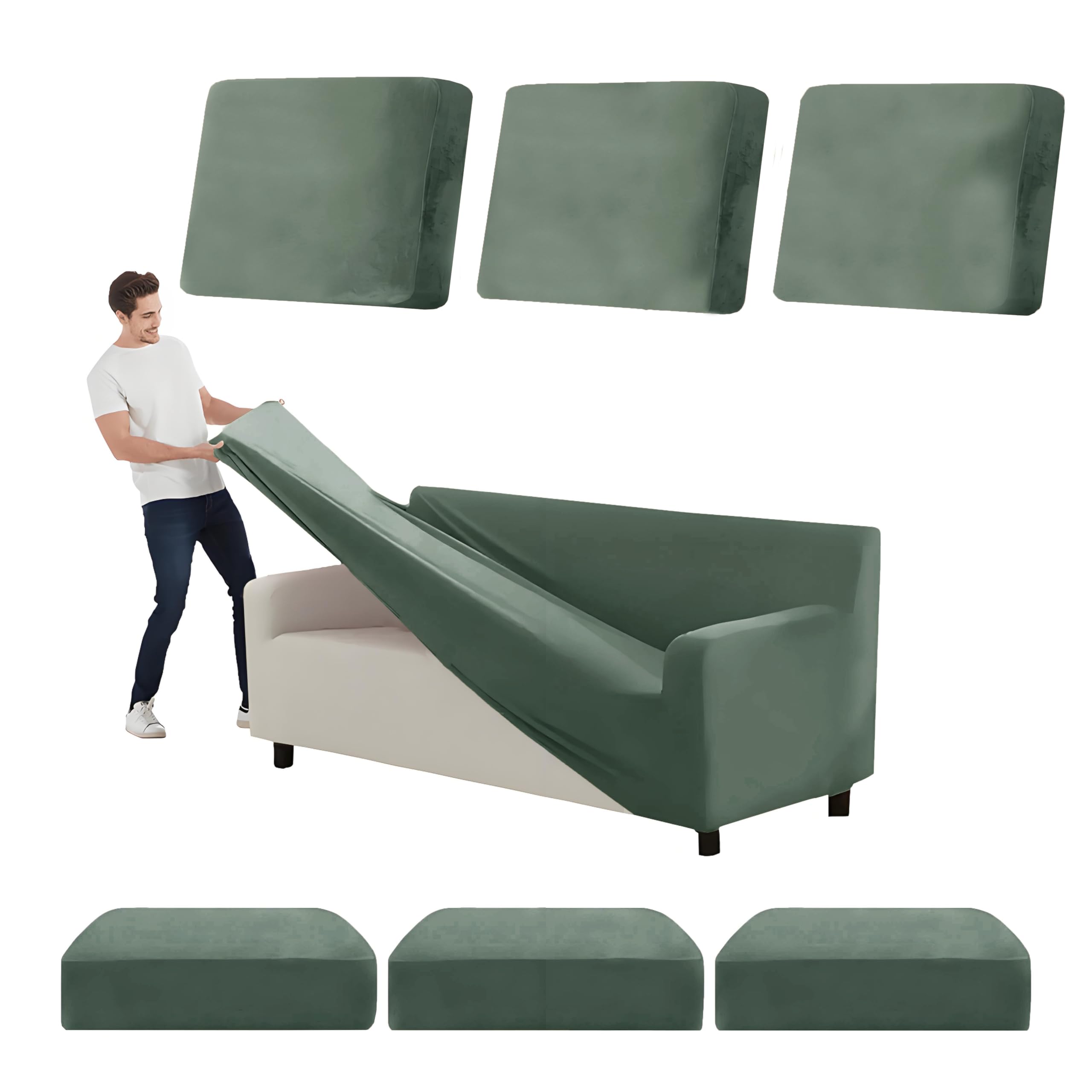 Housse de canapé velours extensible 4 places XL vert avocat avec 7 pièces pour salon