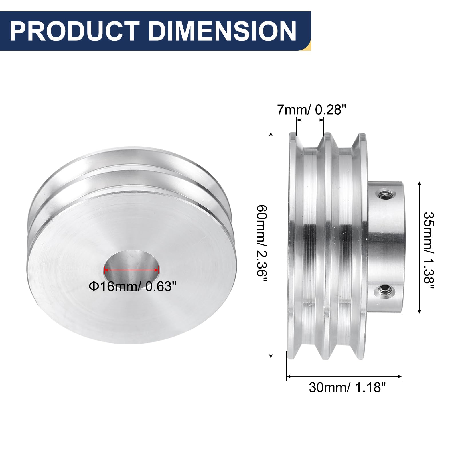 QUARKZMAN V-Typ Riemenscheibe 16mm Bohrung 60mm Außendurchmesser Doppelrillen Aluminiumlegierung Keilriemenscheibe für Motorwellen-Bohrmaschine 6mm(1/4") PU-Formgürtel