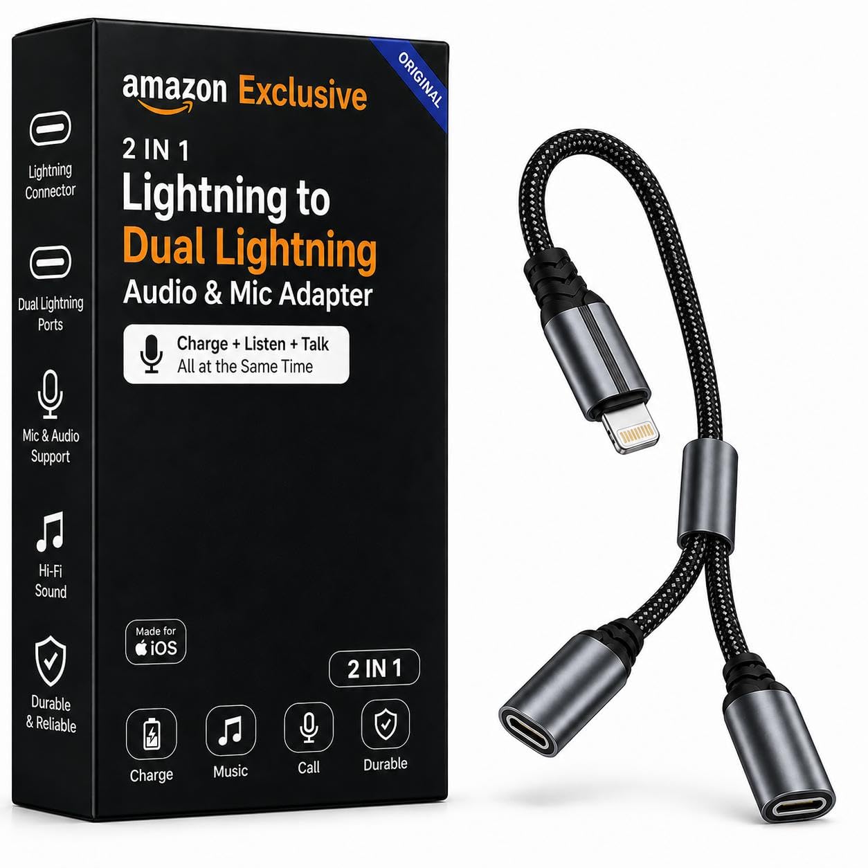 2 in 1 Lightning to Dual Lightning Audio Adapter Charger Splitter Cable Fast Charging Music Calling Mic Support HiFi Converter Compatible with i Phone 16 15 14 13 12 11 Pro Max iPad iOS Devices-image-48