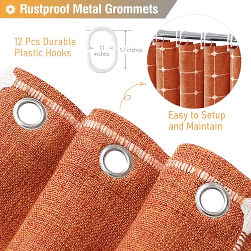 Image of BTTN Boho Farmhouse Shower Curtain - Linen Rustic Heavy Duty Fabric Shower Curtain Set with Tassel, Water Repellent, Bohemian Vintage Country Cloth Shower Curtains for Bathroom - Burnt Orange - 72x72