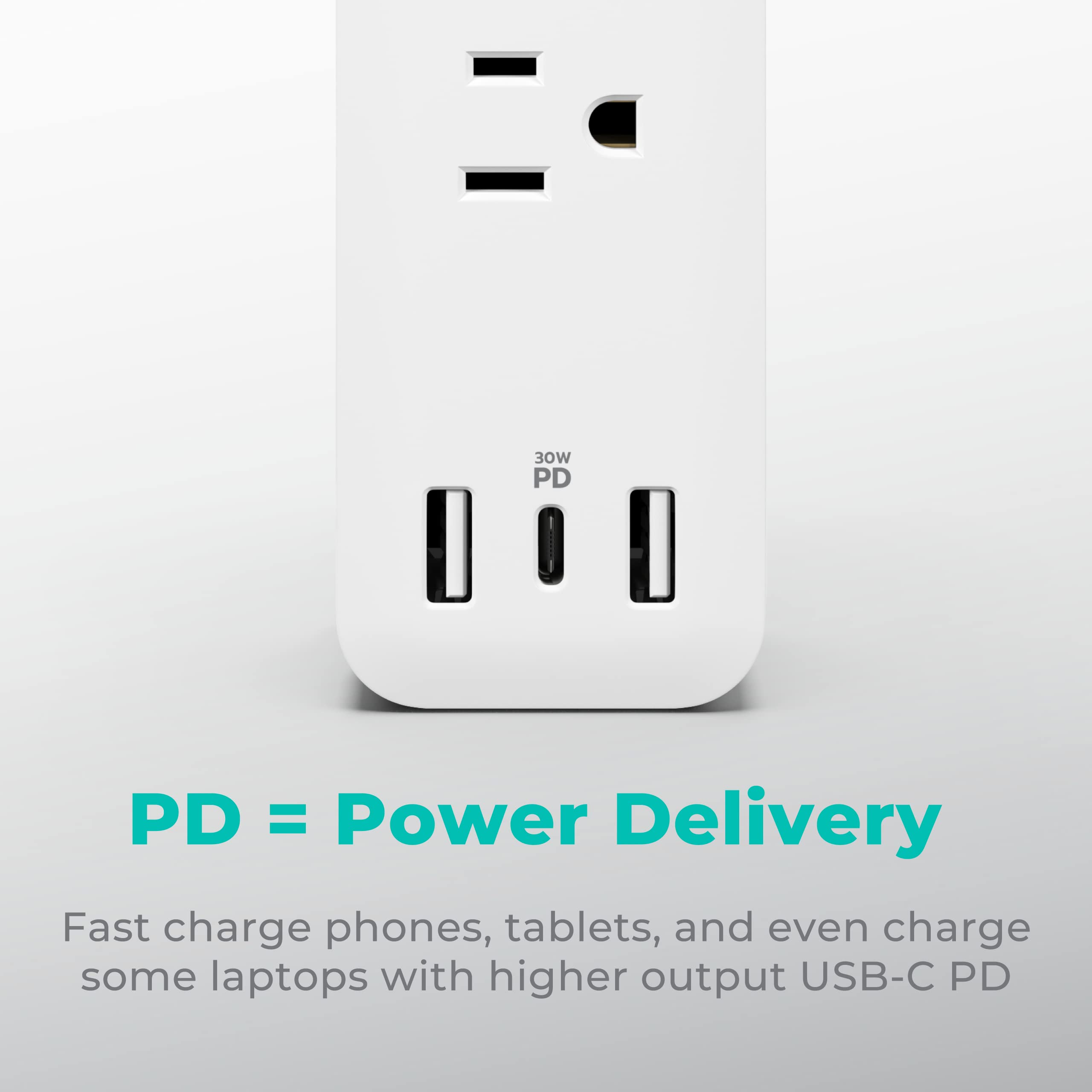 KMC USB-C PD Surge Protector 3-Outlet Power Strip 2-Pack, 30W Power Delivery USB-C Port, 2 USB-A Ports, 980J Surge Protection, 6-Foot Extension Cord, White