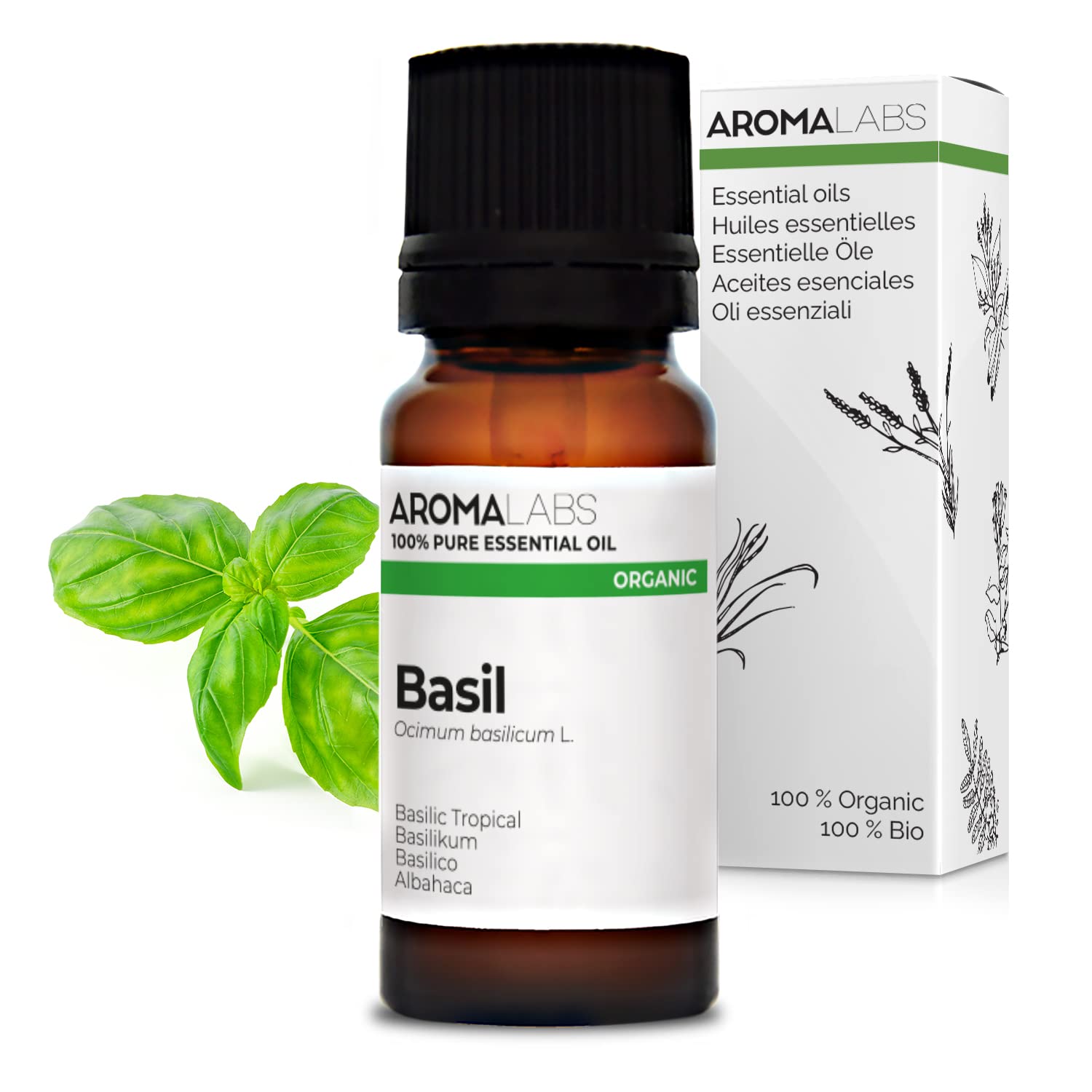 BIO - Basil Essential Oil - 10mL - 100% Pure, Natural, Chemotyped and AB Certified - AROMA LABS (French Brand)