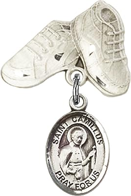 Sterling Silver Baby Badge with St. Camillus of Lellis Charm and Baby Boots Pin 1 X 5/8 inches