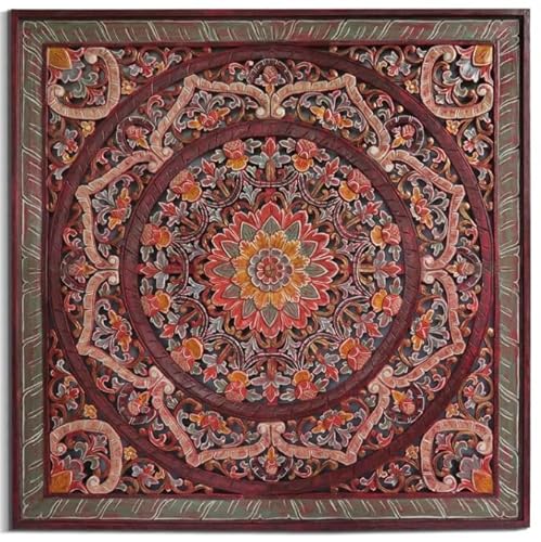 Manusa Antic Wash Carved Wood Headboard Panels, Hand Carved Mandala