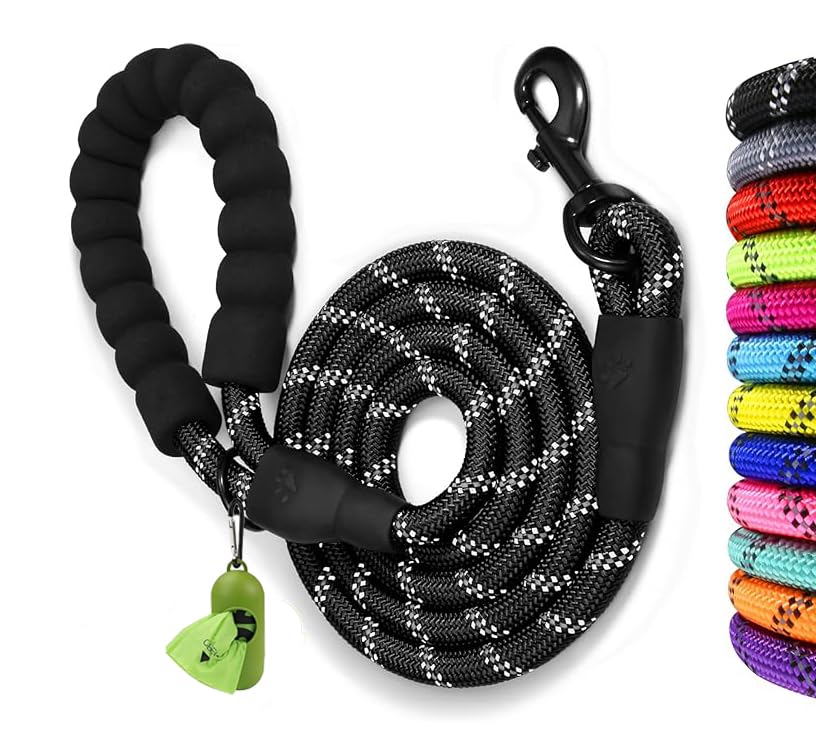 Rope Dog Leash with 150 x 1.2 cm Soft Padded Handle Reflective Lead and Multi Colour for Medium Dogs, Black