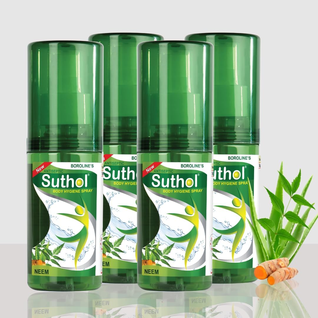 Suthol BOROLINE's Active Neem Spray 100 Ml X 4 | Stops Skin Irritations, Prickly Heat Itching, Rashes | With Neem, Tumeric & Aloe Vera | Antiseptic Body Hygiene Spray (Pack Of 4)