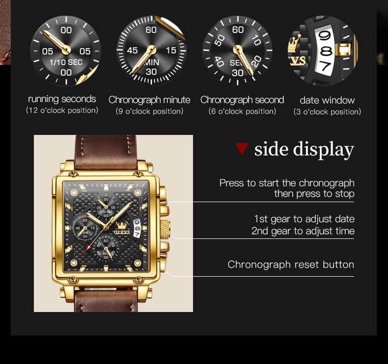 Miniatura 6 de OLEVS Relojes cuadrados para hombre de cuero marrón cronógrafo moda reloj de negocios luminoso impermeable casual relojes de pulsera