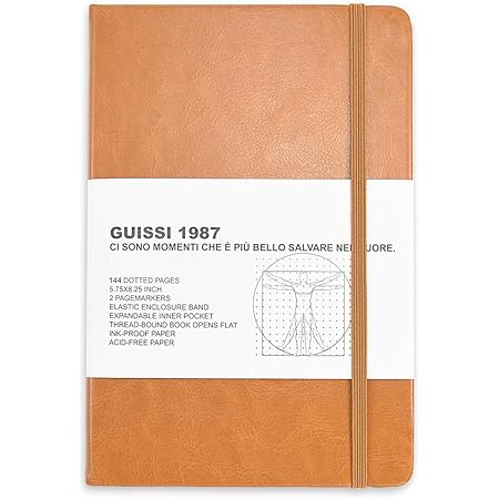 Amazon Guissi クラシックドットグリッド ブレットノートブック ジャーナル ドットハードカバー A5 プレミアム 100gsm 厚手 中性紙 ファインインナーポケット付き フェイクレザー オフィス 学校用品 ブラウン 手帳 文房具 オフィス用品