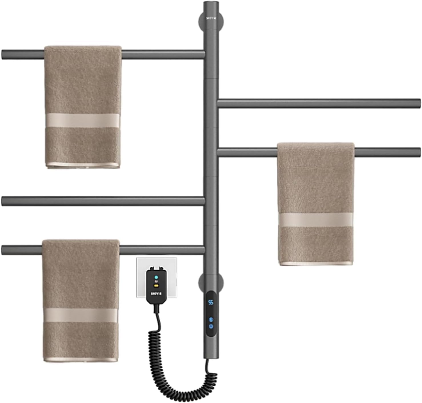 Rotating Electric Heated Towel Rack with Thermostat and Timer, Adjustable Temperature, Suitable for Bathrooms and Hotels. (White)