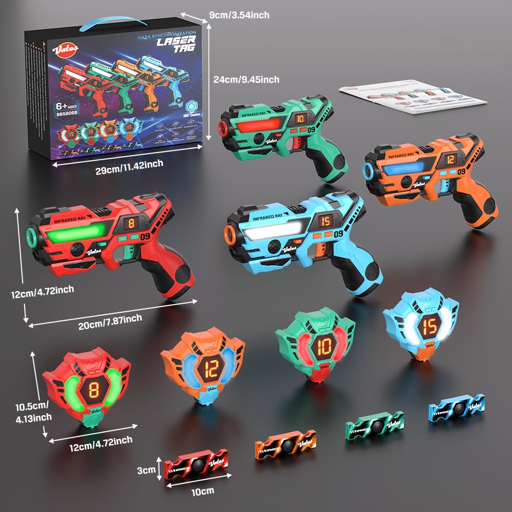 VATOS Laser Tag 360°Sensori Set di 4 Giocatori, 2,4 GHz Ricaricabile a infrarossi con Display Dati in Tempo Reale Pistola Laser Tag, Pistole Giocattolo per Giochi di attività per Bambini dai 6+