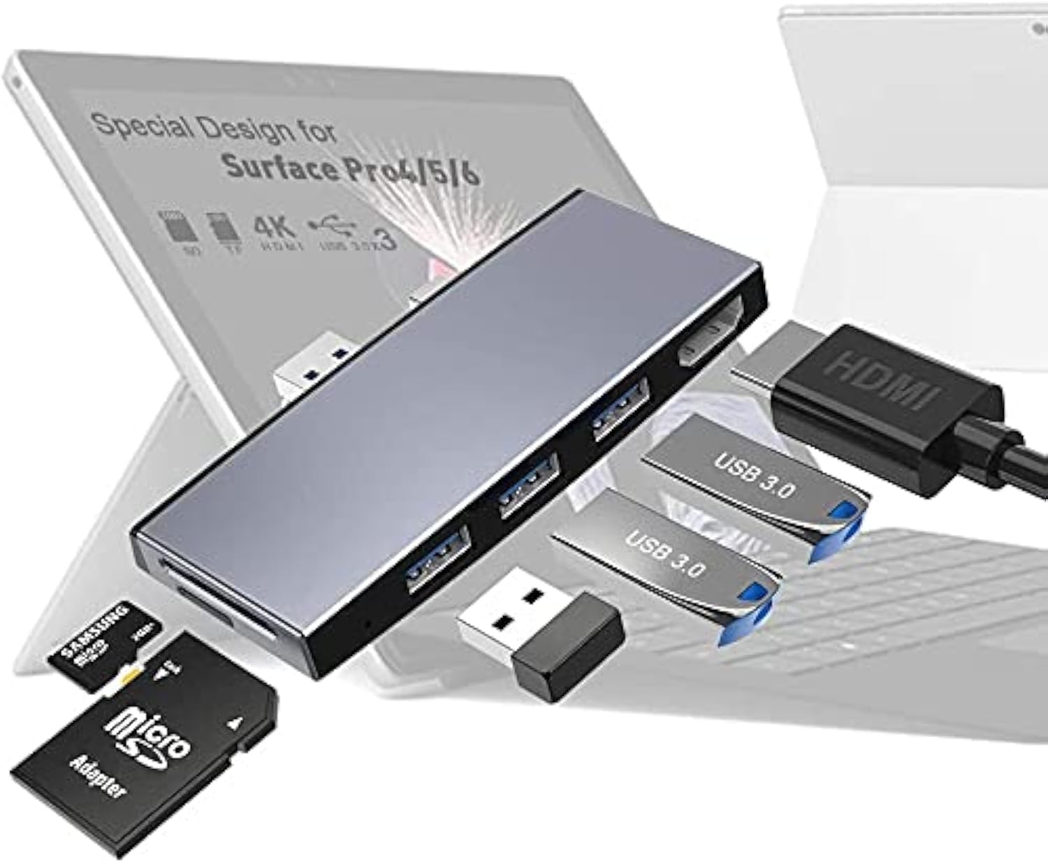 Surface Pro Docking Station for Surface Pro 6 Pro 5 Pro 4 with HDMI Adapter 4K,3 USB 3.0 Ports(5Gps),Build-in SD/TF(Micro SD) Card Reader Slot 6 in 1 Adapter for Surface Pro 6/5/4