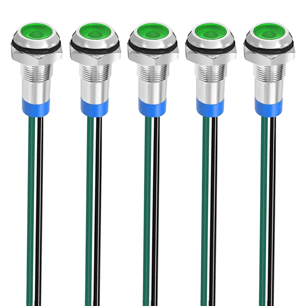 Gebildet 5pcs 8mm 3V-4.5V-5V-6V-7.5V-9VDC Energy Saving LED Metal Indicator Light Waterproof Signal Lamp with Wire(Green)