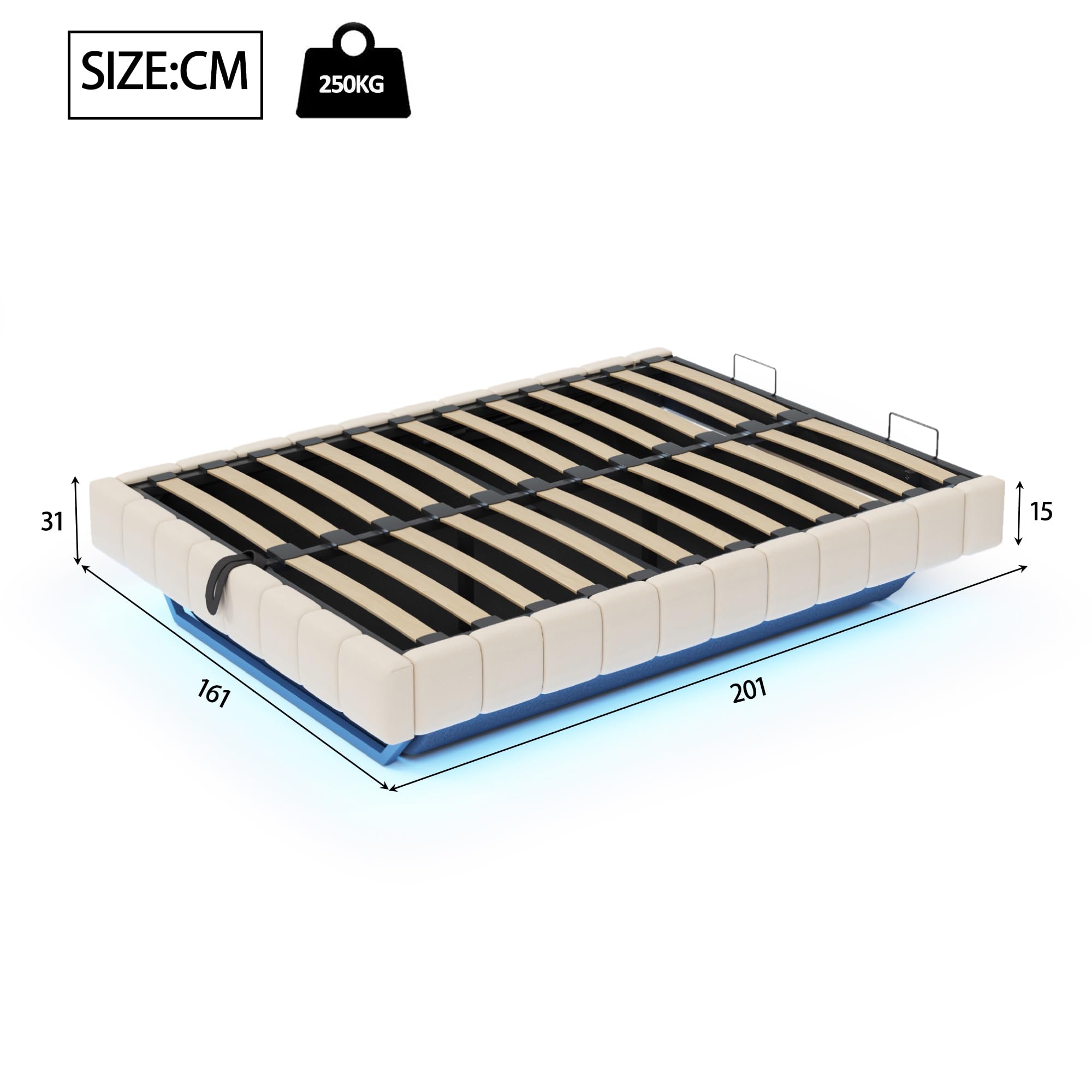 Kebnor Cama tapizada, marco de cama flotante hidráulico con espacio de almacenamiento, cama tapizada multifuncional sin cabecero, lino (beis, 160 x 200 cm)