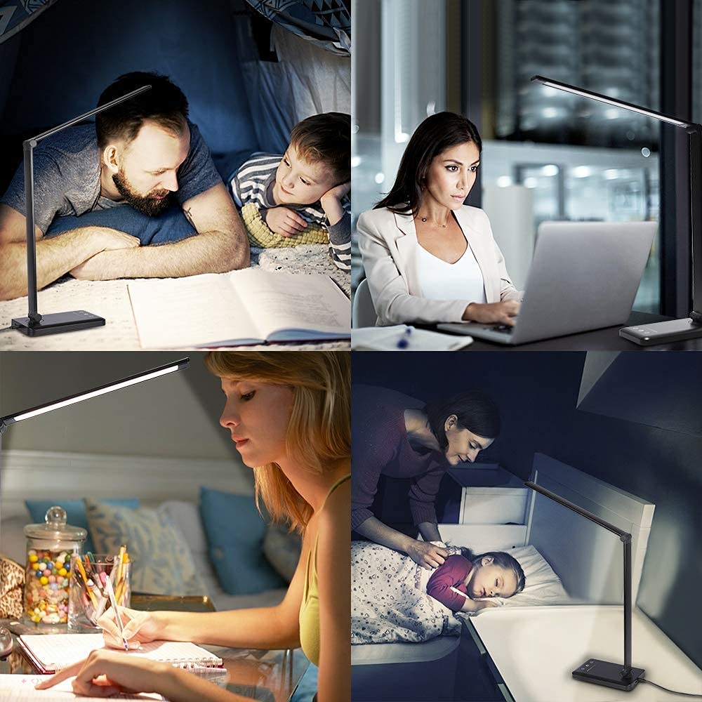 Popuway LED-Schreibtischlampe, augenschonende Tischlampe mit USB-Ladeanschluss, Tischleuchte, dimmbar, Touch 5 Farbmodi, Touch-Bedienfeld, faltbares Licht zum Lesen, Malen, Schlafzimmer (schwarz)