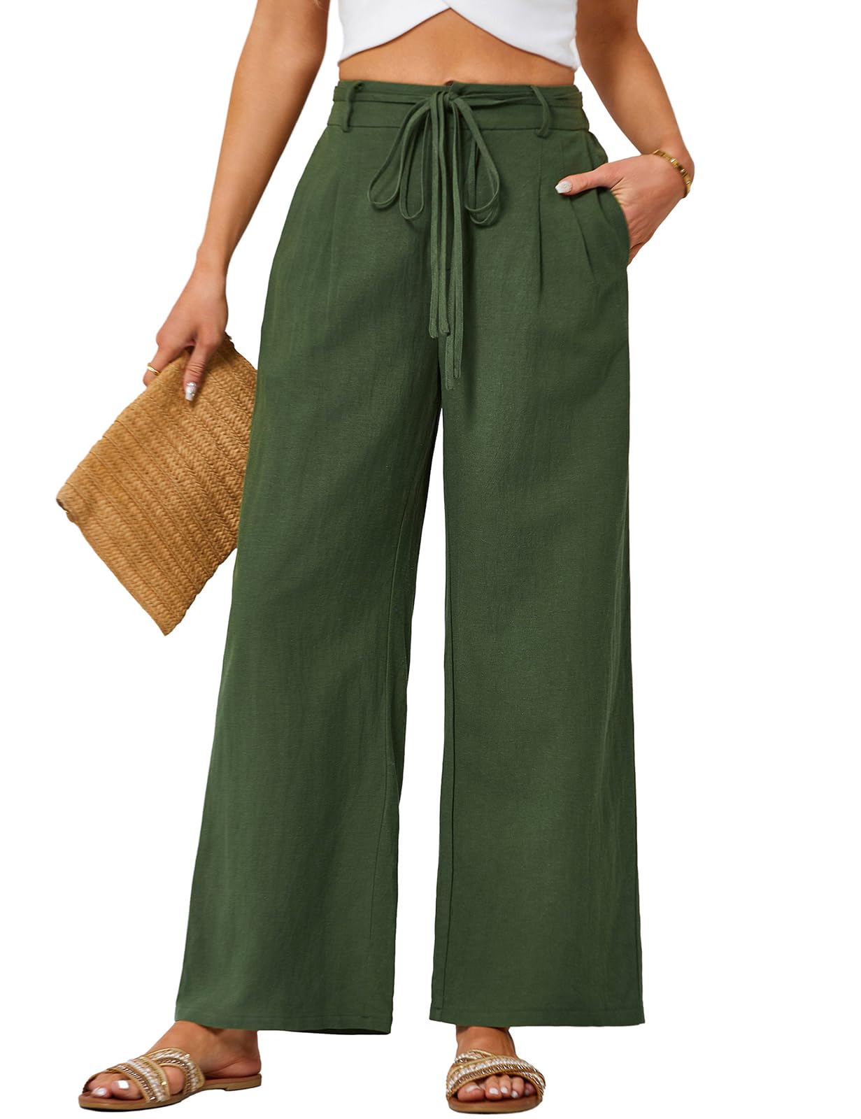 JASAMBAC Womens Linen Palazzo Lounge Pants High Waist Straight Wide Leg Summer Beach Causal Trousers with Double Belts