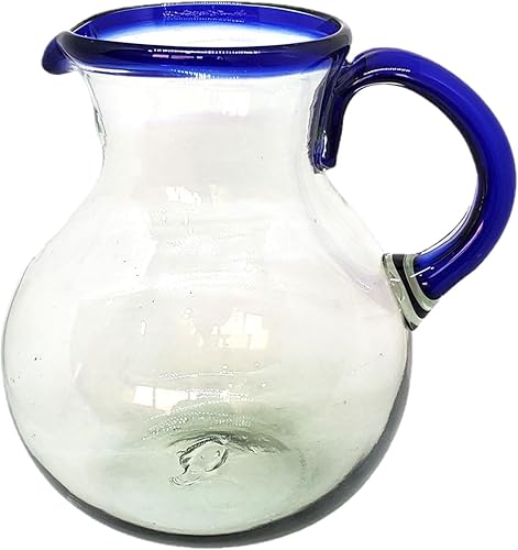 Miniatura 2 de Juego de jarra y 6 vasos de vidrio reciclado, sin plomo, sin toxinas (jarra y vasos) con borde azul cobalto de 120 onzas