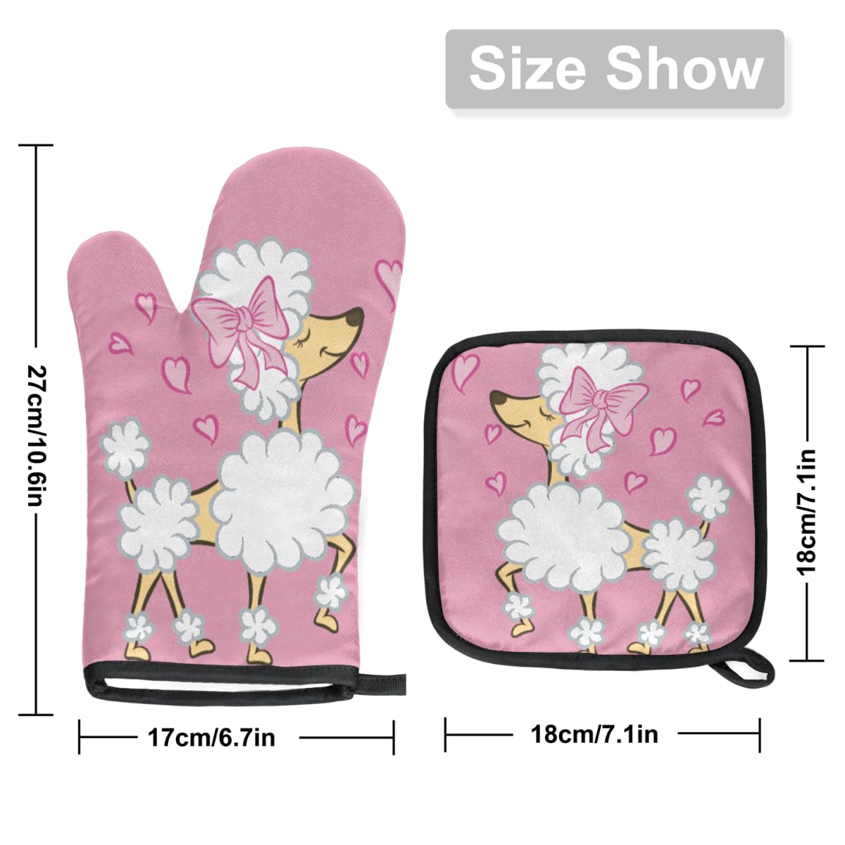 Dog Pink Oven Mitts and Pot Holders Sets of 2, Cute Poodle Puppy Heat Resistant Non-Slip Oven Gloves Hot Pads for Microwave Cooking Baking Grilling BBQ Decorative Kitchen Gift
