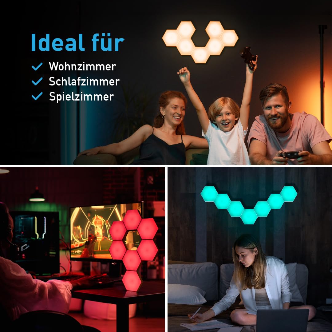 Emberela HEXlights 7er-Pack Hexagon Lichter - LED Lichtpaneele für Wand oder Tisch - Berührungs- & Fernbedienungsgesteuert - Dekor für Gaming Zimmer - Sehr geeignet für Kinder mit Autismus