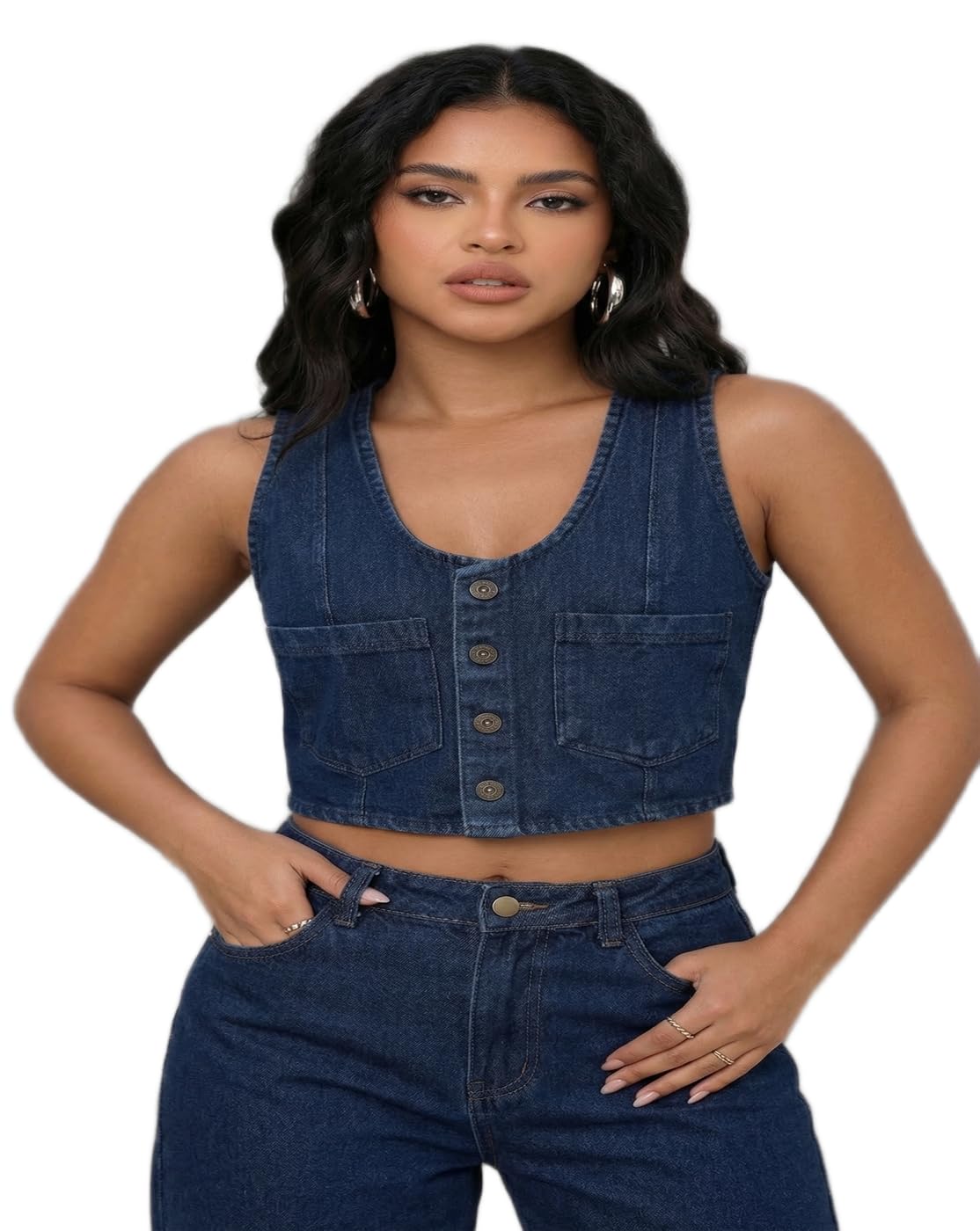 Women’s Cropped Denim Vest - Sleeveless Button Down Jean Top, Y2K Fashion Waistcoat with Front Pockets, Slim Fit Vintage Denim Tank Top for Summer Outfits-image-25