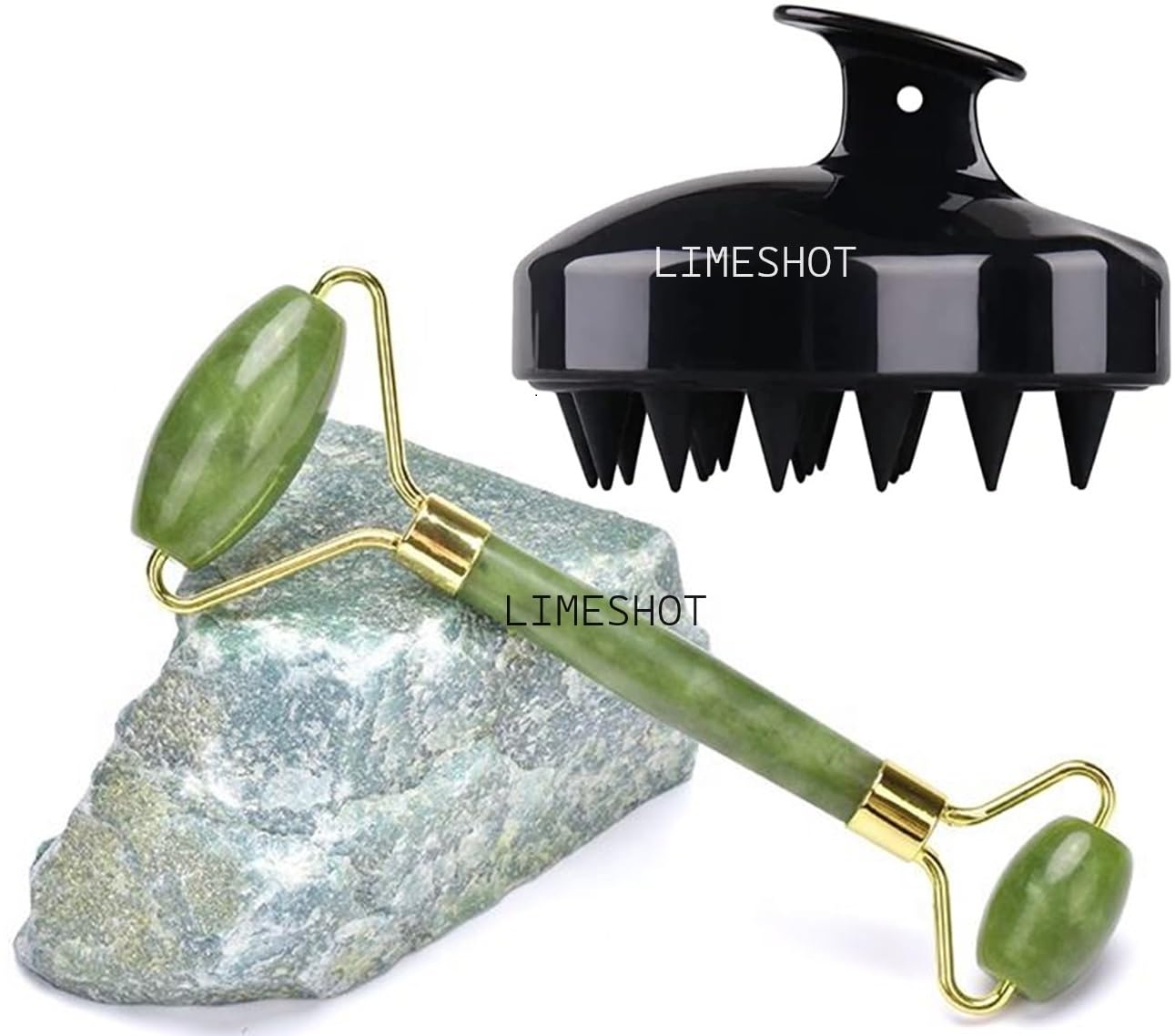 Facial Massager Jade Roller & Gua Sha Tool Natural Himalayan Stone for Face Neck Healing Skin Wrinkles & Serum Application + Scalp Massager Shampoo Brush, Eco-friendly Wheat Straw body with Soft Silicon Bristles, Hair Scalp Scrubber, Scalp Exfoliator