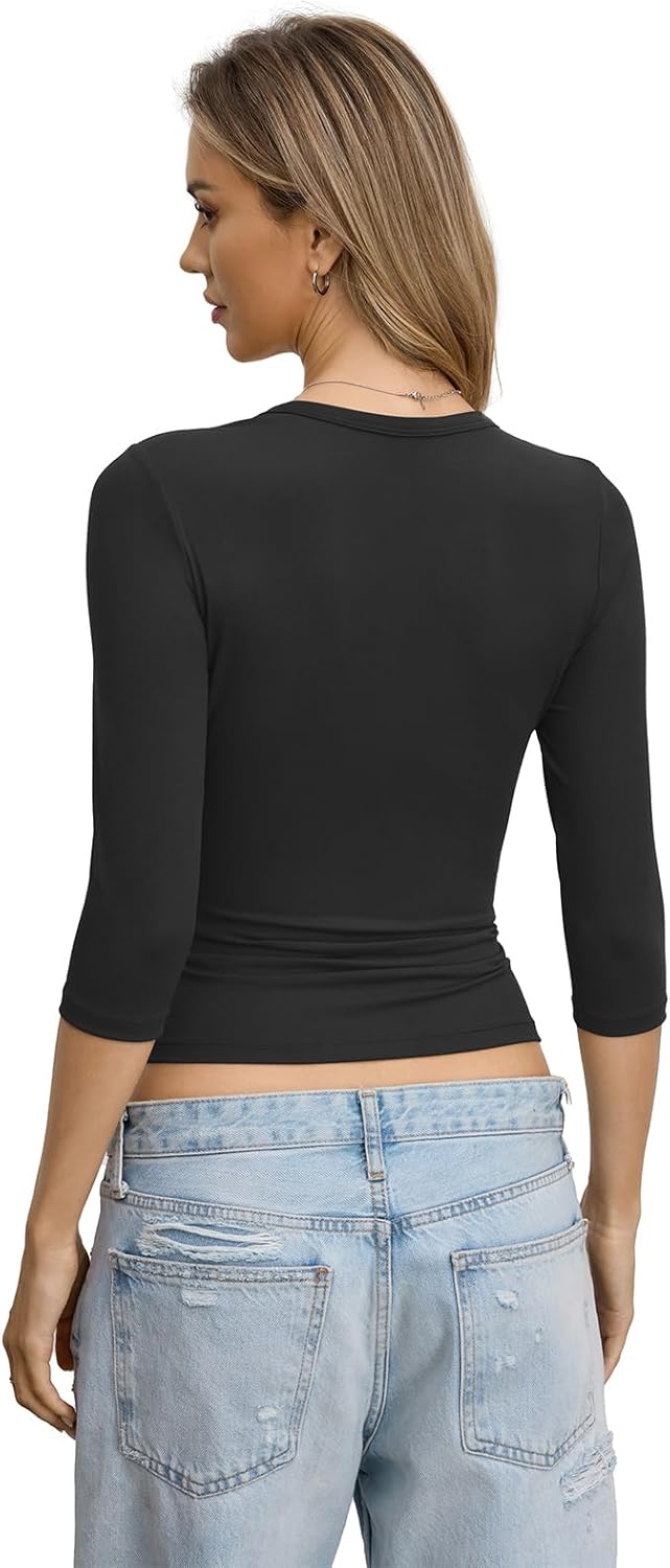 Womens 3/4 Length Sleeve Tops Scoop Neck Henley Shirts Slim Fit Basic Tees Spring Outfits Clothes 2026 - Image 5