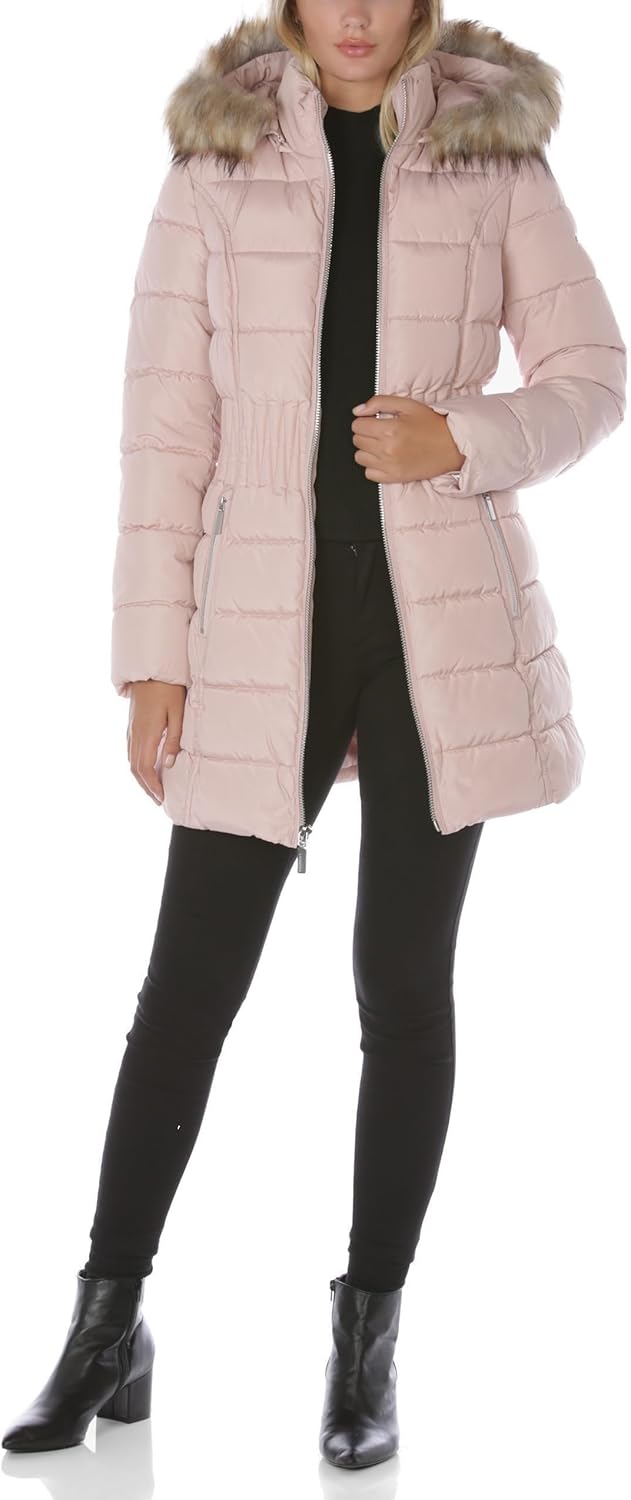 Laundry by Shelli Segal Women's Stretch Quilted Puffer Jacket – Long Winter Coat With Faux Fur Hood