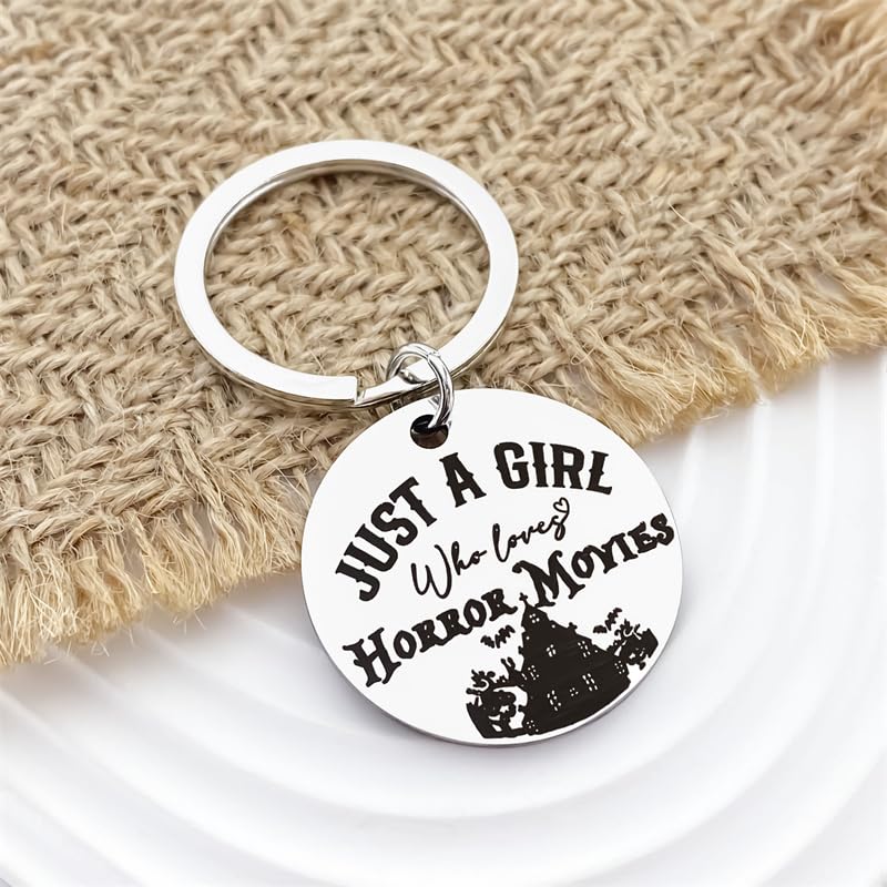 Horror Movie Keychain Horror Movie Lover Gifts Just a Girl Who Loves Horror Movies for Women Girls Day of The Dead Stocking Stuffers Halloween2