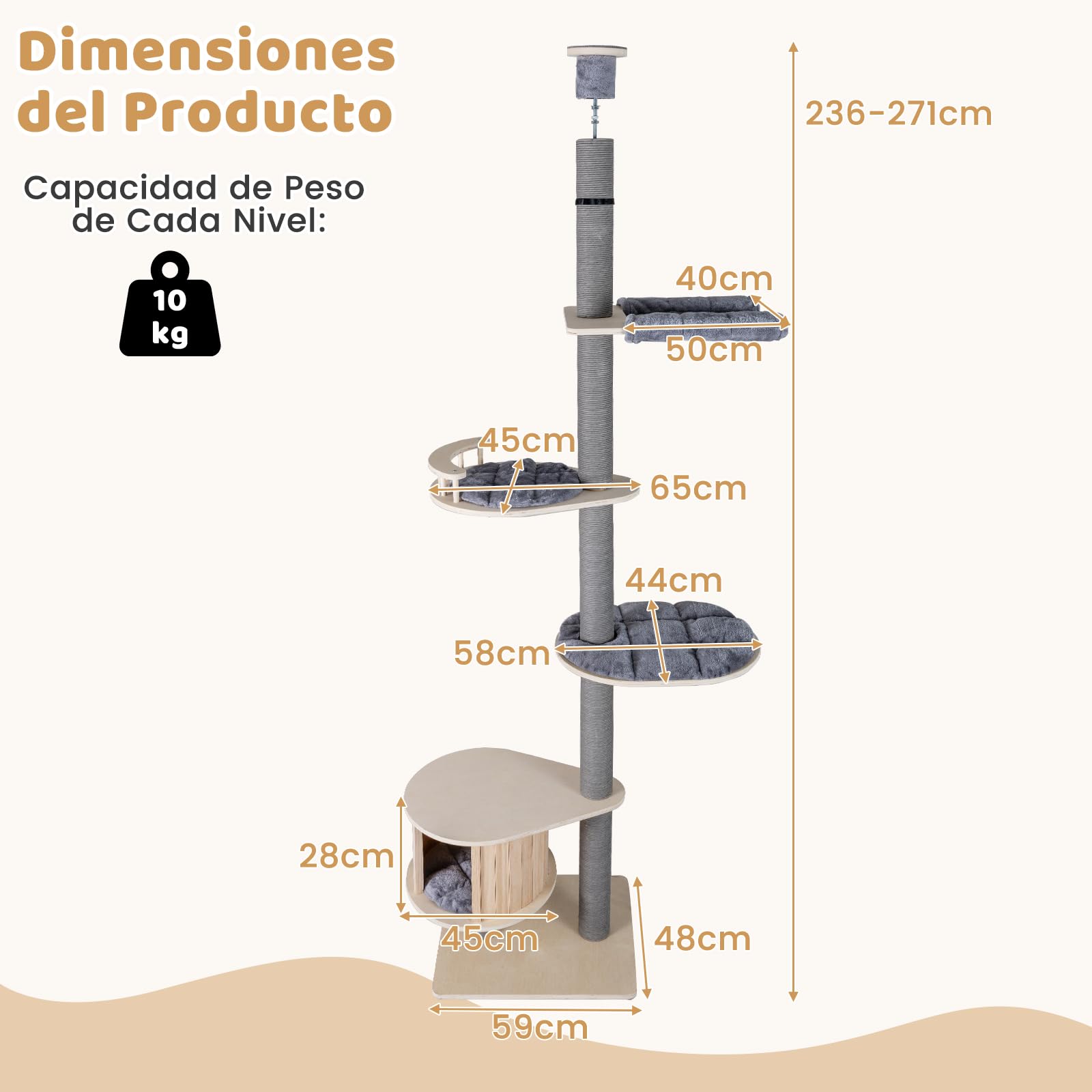 COSTWAY Árbol Rascador para Gatos de 236-271 cm Ajustable en Altura, Árbol para Gatos de Suelo a Techo con Percha, Condominio, Postes Rascado, Plataformas y Cojines, Torre Gato Alta de 5 Niveles, Gris