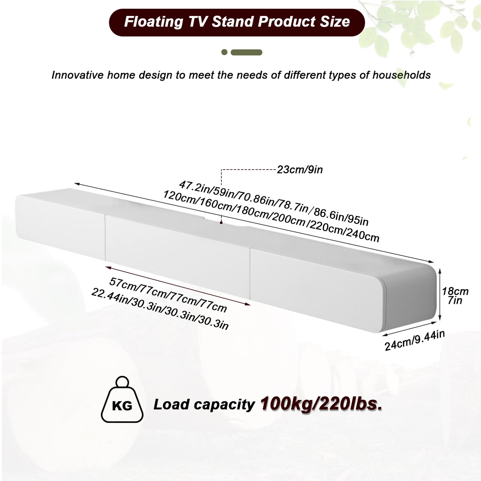 Mueble TV Colgante de Madera Maciza 140 cm con 2 Cajones | muebles tv colgante Parete Consolle Multimediale per Sala de estar, dormitorio