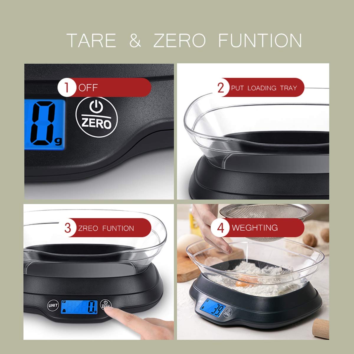 Balanza Digital de Cocina y báscula multifunción con Recipiente extraíble, báscula precisa para Hornear Alimentos de 5 kg (11 LB), fácil Almacenamiento.,