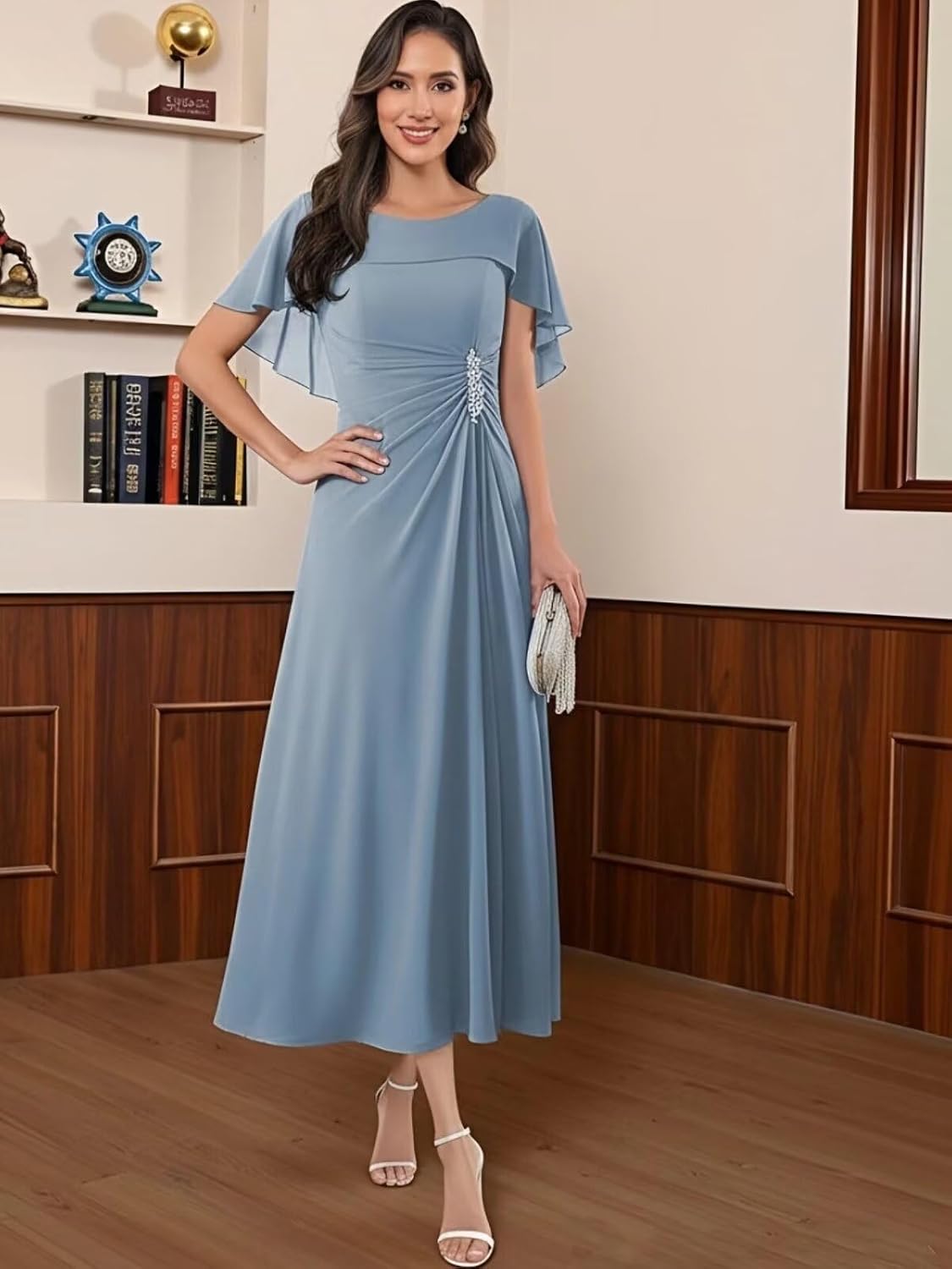 Tea Length Mother of The Bride Dresses for Women Cape Sleeve Ruched Beaded Formal Evening Gown