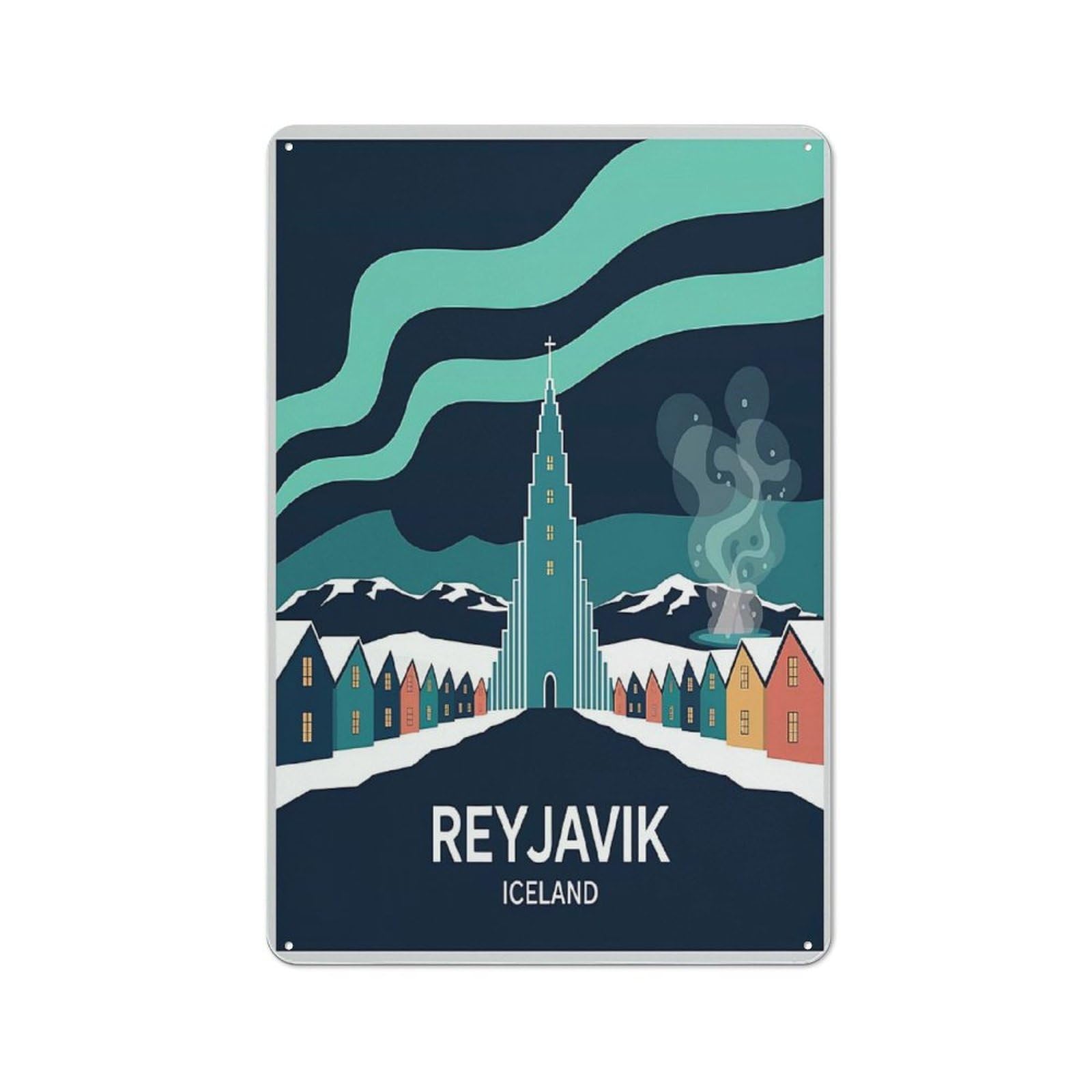 Modern Retro Decorative Metal Plaque 30x20cm Featuring Reykjavik Iceland Travel (2), Loft Wall Plaque for Flat, Bar, Studio Or Gallery Wall