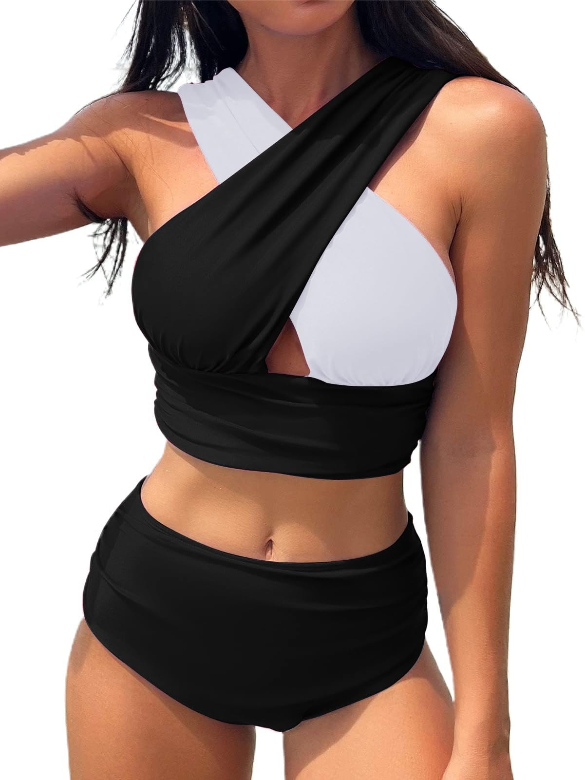BIKINXSexy Swimsuit Women Criss Cross Ruched Bathing Suit High Waisted Bikini Sets Tummy Control