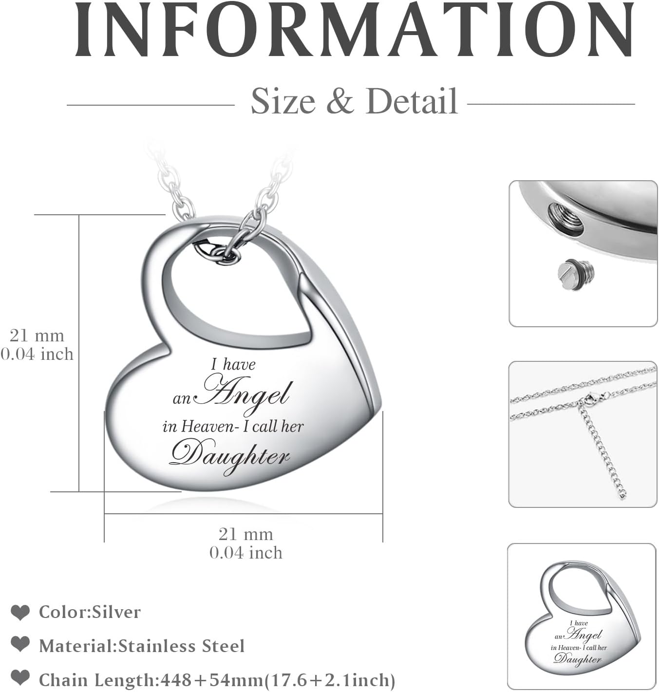 Heart Urn Necklace for Ashes Cremation Jewelry Forever in My Heart Engraved Stainless Steel Keepsake Waterproof Memorial Pendant for loved One with Filling Kit - Image 2