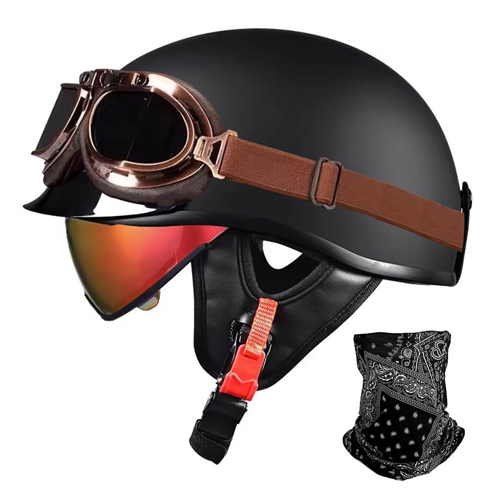 URYWTXY Retro Motorcycle Half Helmet with mask, Vintage German Open Face Motorbike Helmet with Adjustable Quick Release Buckle for ATV Chopper Cruiser Street Scooter, ECE Approved