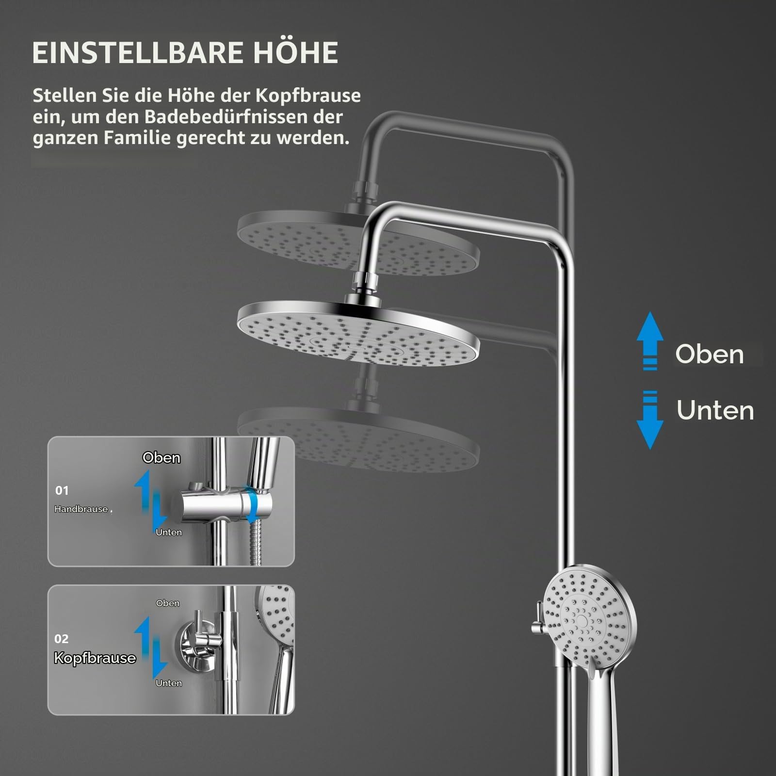 KOMIRO Duschsystem mit Thermostat, Duscharmatur mit Thermostat, 23 x 23 cm Regendusche, 5 Strahlarten Handbrause, Duschstange Edelstahl Regenwalddusche Komplett für Duscheset, Chrom (style2)