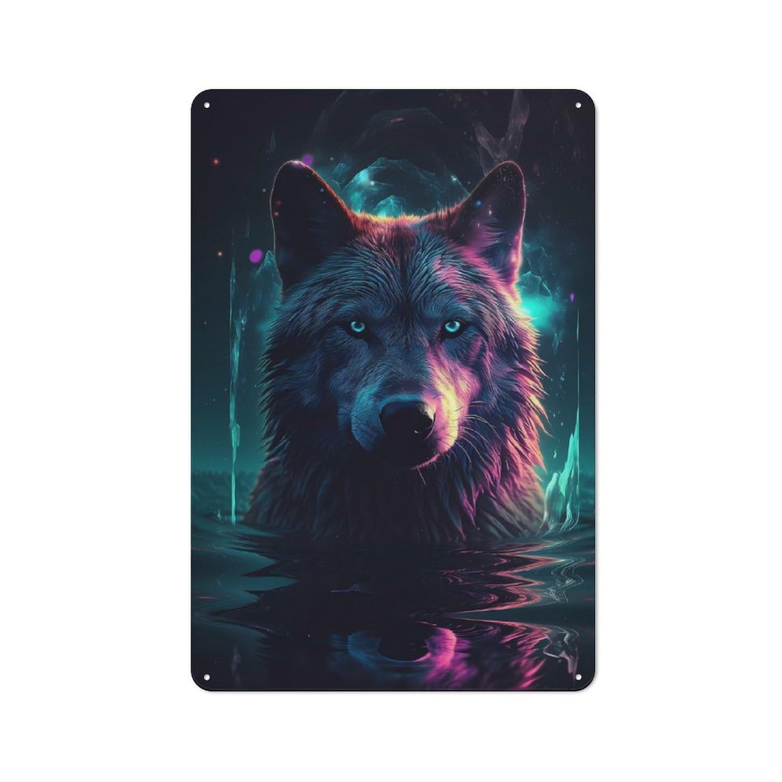 Vintage Metal Plaque 30x20cm Featuring Wolf Water Neon Artwork for Home Bar Wall, A Metal Wall Feature for Home Bars And Entertaining Spaces