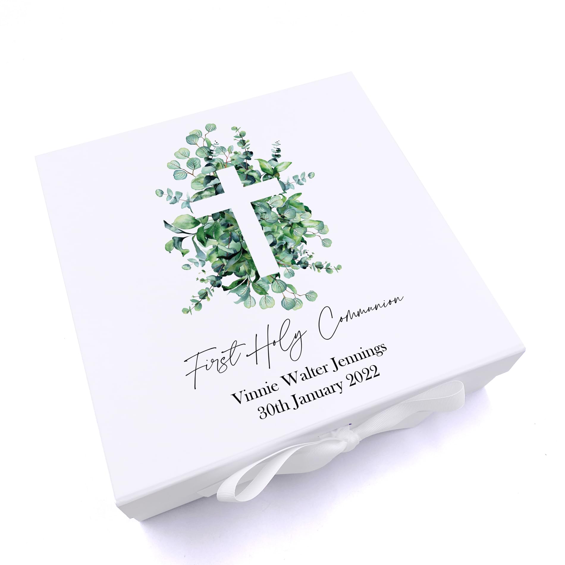 Ukgiftstoreonline White Personalised First Holy Communion Keepsake Box Gift With Cross And Eucalyptus (Large)