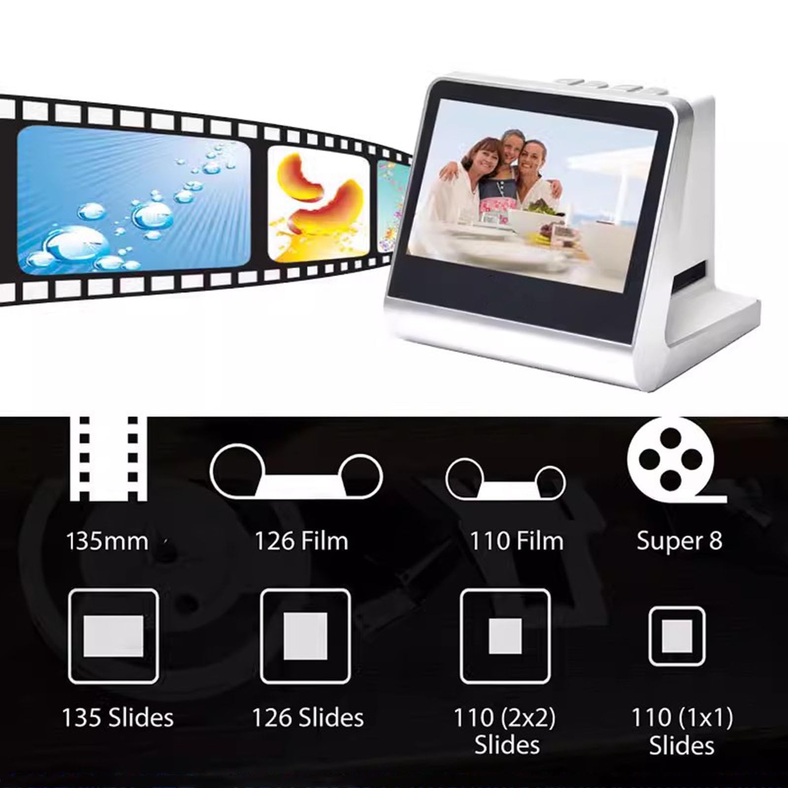 Scanner Digitale per Pellicole Tutto in Uno, Scanner per Pellicole E Diapositive da 22 MP, con Schermo LCD da 5 Pollici, Memoria Integrata da 16 GB