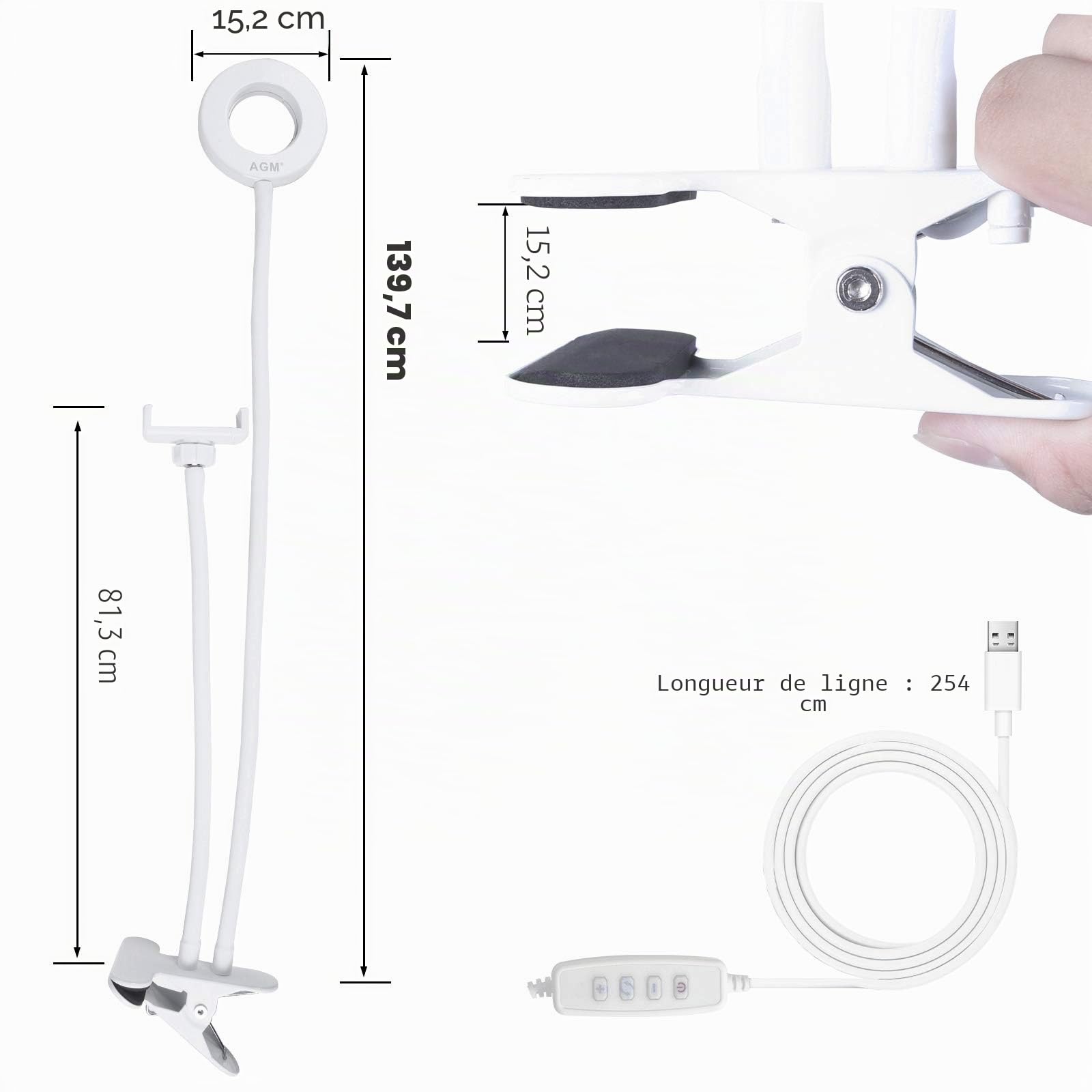 AGM Selfie Ring Light avec Col de Cygne 24", 3 Modes d'Eclairage, Support de Téléphone Portable, Lumière Dimmable pour Maquillage, Photos, Vidéos, Lectures, Live Streaming